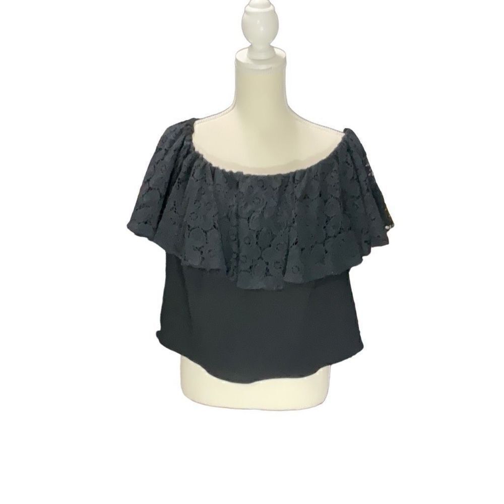 NWT Rachel Roy Rachel Black Off the Shoulder Short Blouse Lace Overlay Sz Large